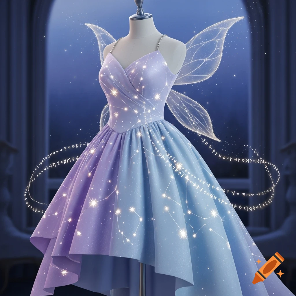 A celestial fairy dress on a mannequin, with glowing stars, a lavender-to-pale-blue gradient, and delicate luminous wings, in a dreamy starlight setting.