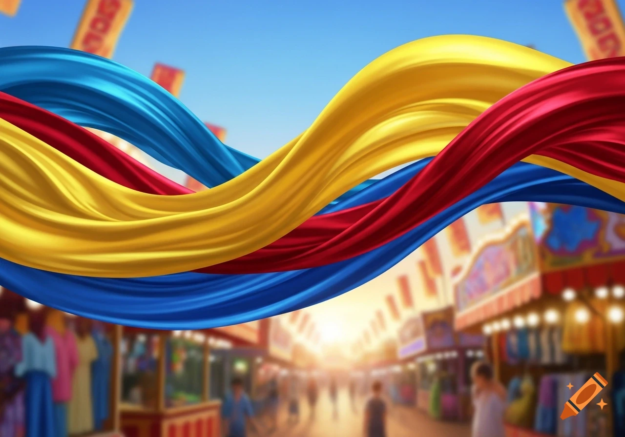 Wavy red, yellow, and blue fabric flowing over a blurry carnival scene at sunset.