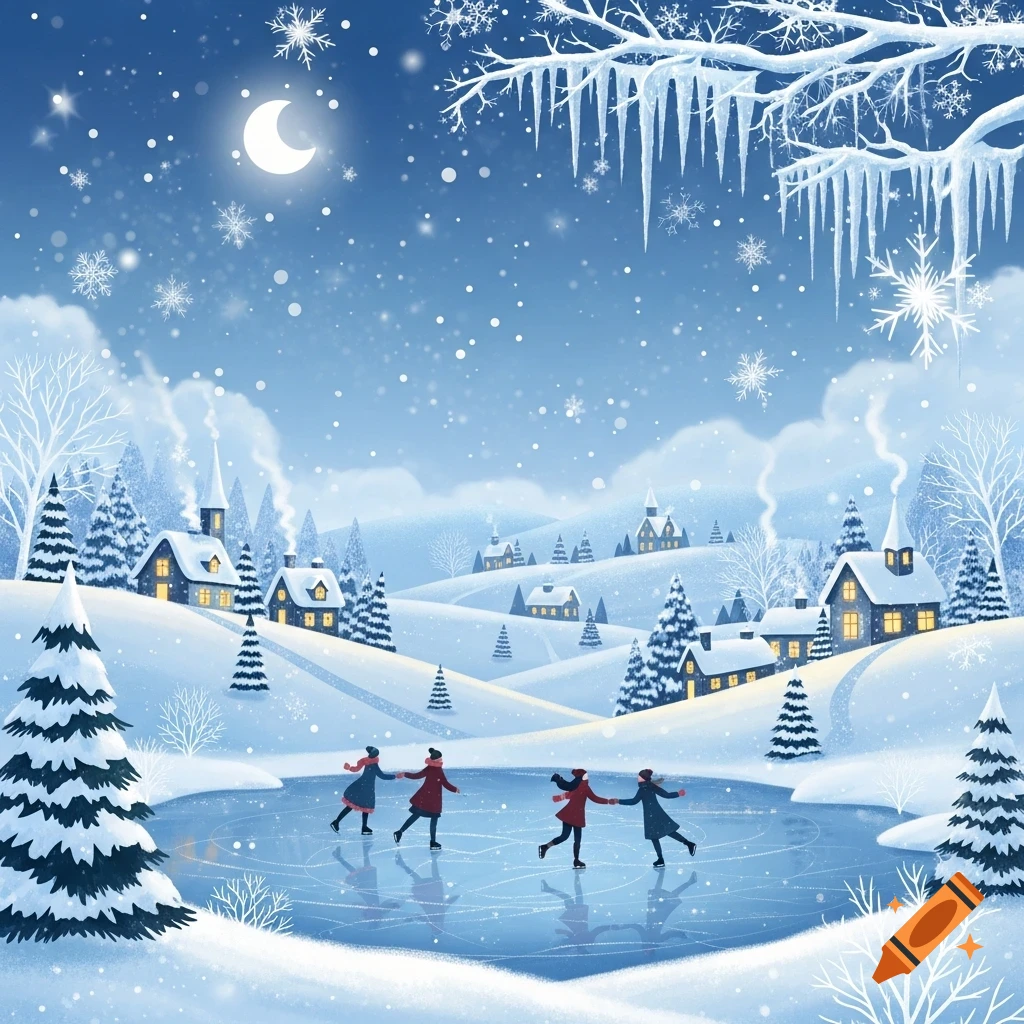 Illustrated winter scene with four people ice skating on a frozen pond in a snowy village under a crescent moon, with icicles on tree branches.