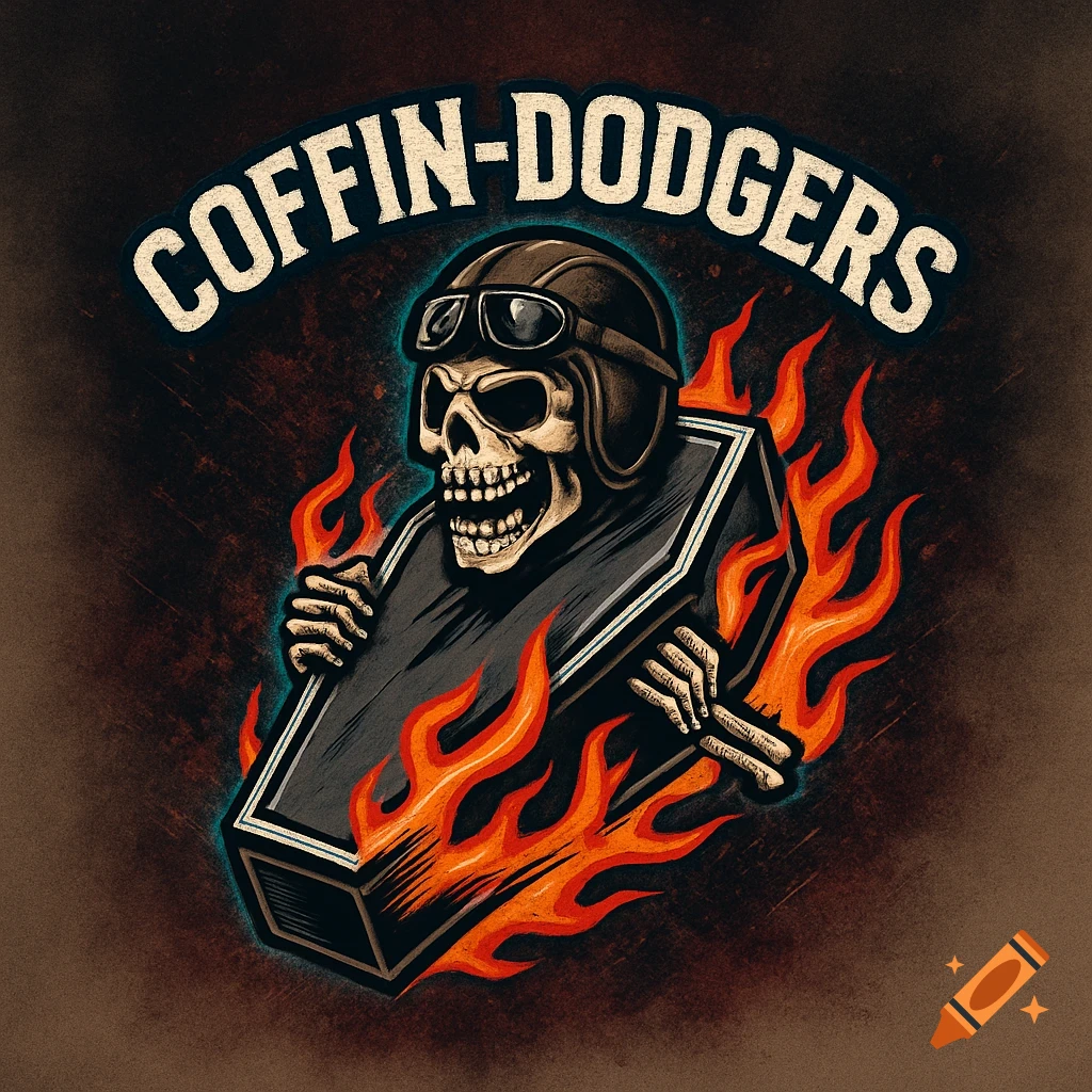 A stylized logo featuring a skull wearing a pilot helmet and goggles, rising from a flaming coffin, with 'COFFIN-DODGERS' text curved above.