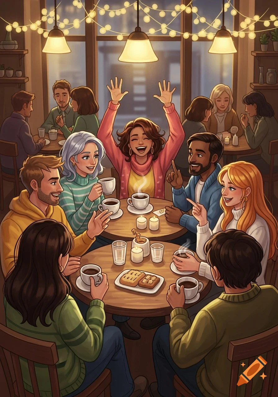 A diverse group of friends laugh and chat over coffee in a warmly lit cafe, an illustration.