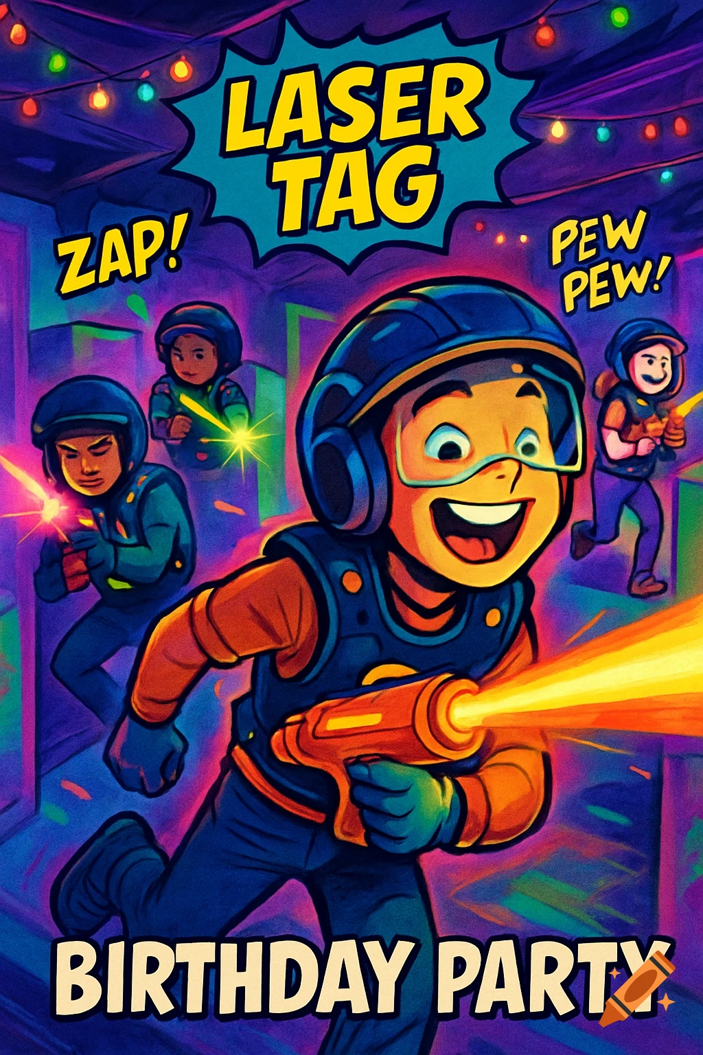 Cartoon children play laser tag at a birthday party in a dark, colorful arena, with text "LASER TAG BIRTHDAY PARTY".