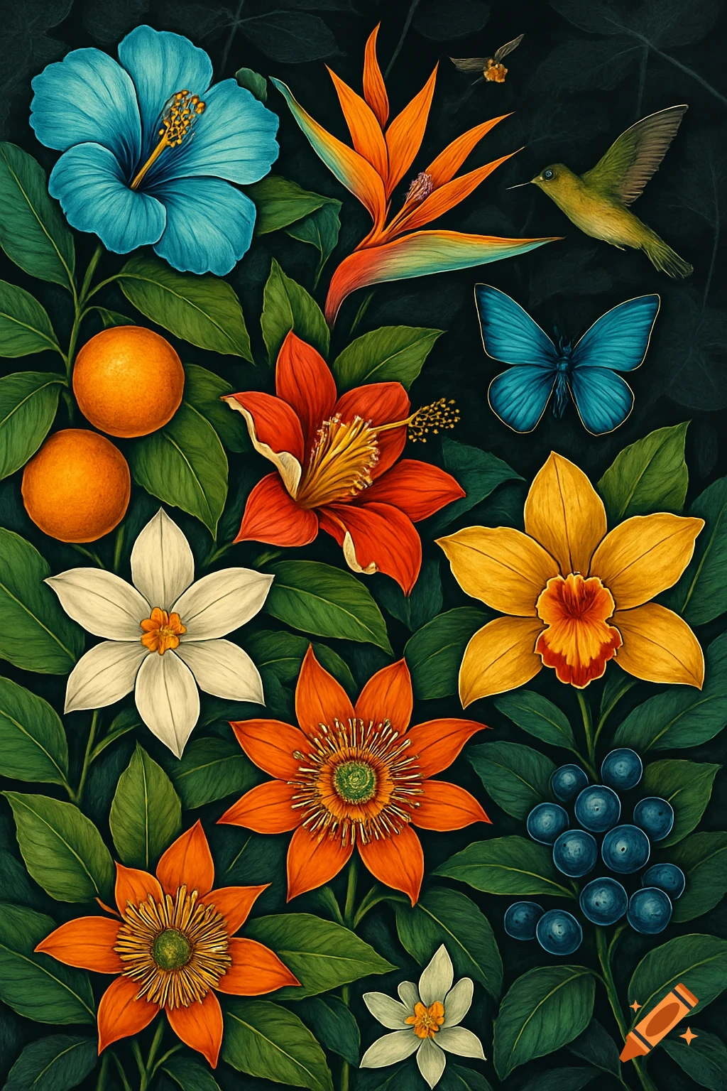 Vibrant botanical illustration of blue, red, orange, and yellow exotic flowers, oranges, blueberries, a hummingbird, and a blue butterfly on a dark leafy background.