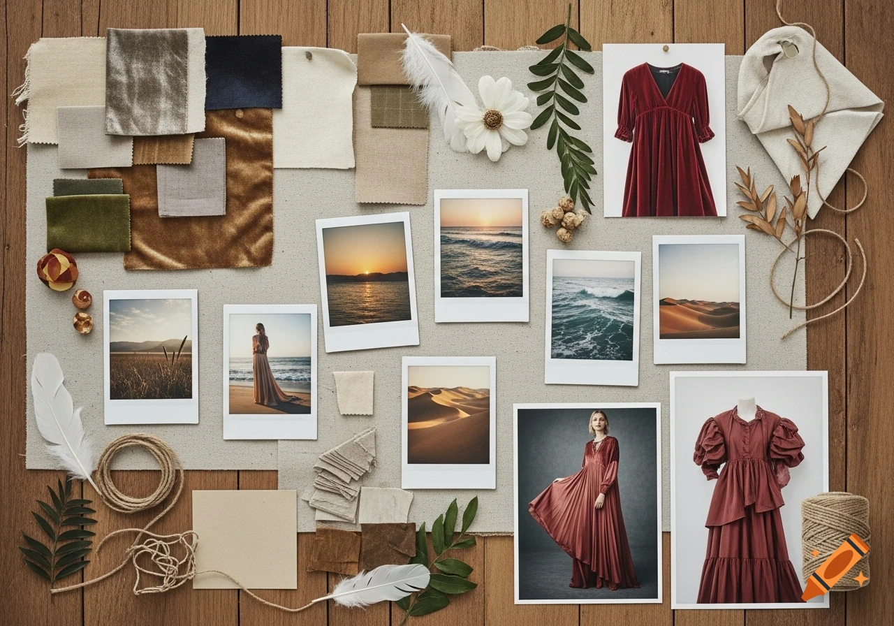 A fashion mood board with fabric swatches, photographs of landscapes and models in dresses, and natural elements arranged on a wooden background.