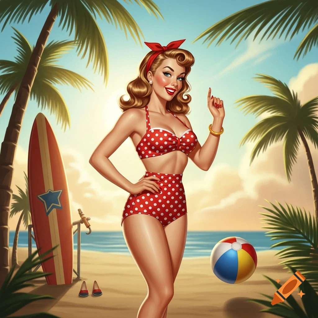A pin-up style woman in a red polka-dot bikini stands on a tropical beach with palm trees, a surfboard, and a beach ball.
