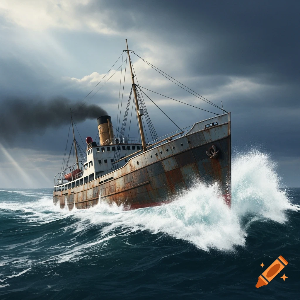 A rusty tramp steamer navigates rough, dark blue ocean waves under a dramatic, cloudy sky, with smoke billowing from its funnel.