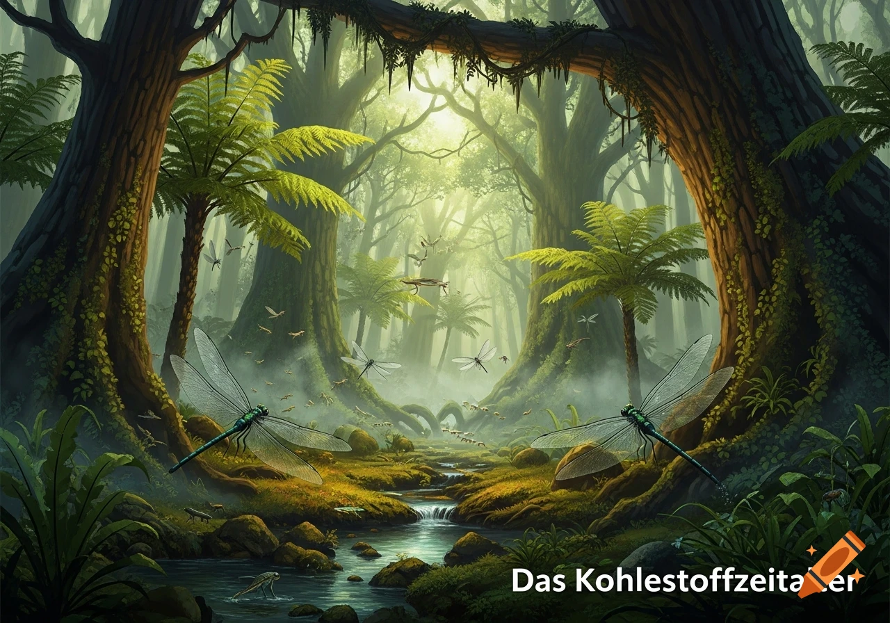 Lush prehistoric forest with huge trees, ferns, a stream, and large dragonflies flying.