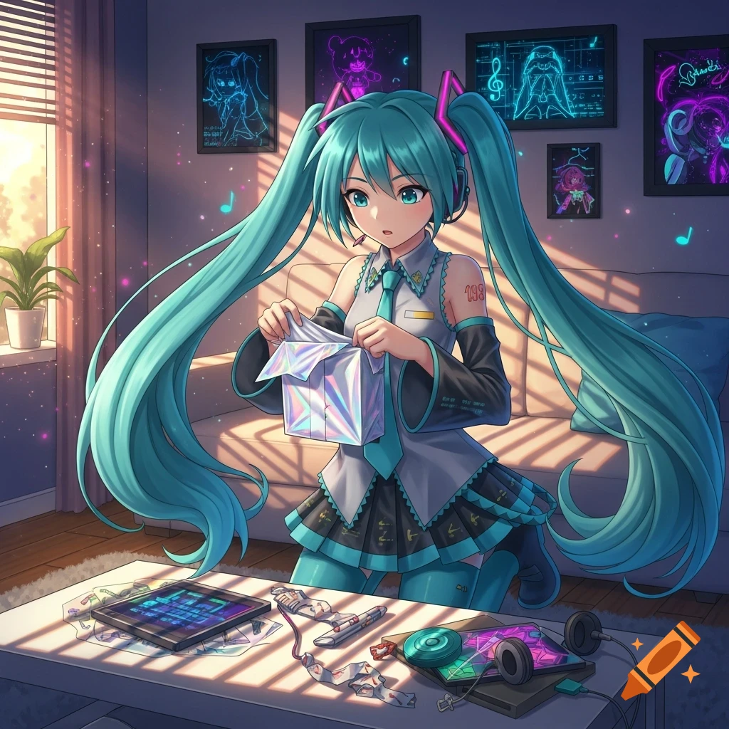 Hatsune Miku, an anime character with long turquoise pigtails, kneels in a sunlit room, opening a shimmering holographic package on a white table.