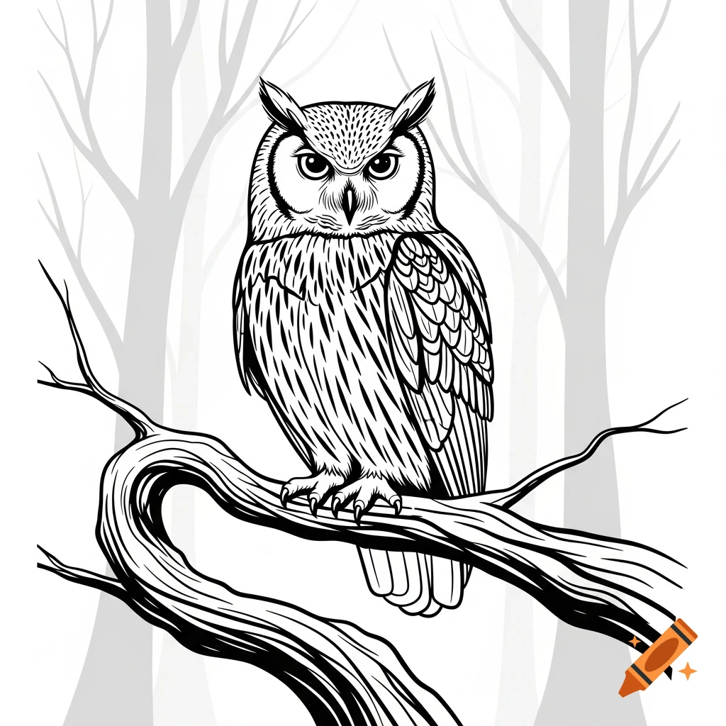 Black and white line art drawing of an owl perched on a tree branch with trees in the background.