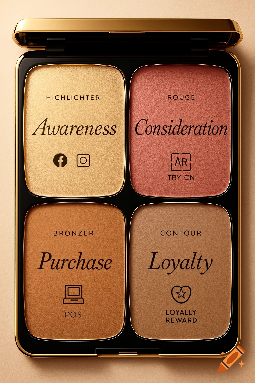 A photorealistic makeup palette with four pans labeled Highlighter, Rouge, Bronzer, Contour, corresponding to marketing terms Awareness, Consideration, Purchase, and Loyalty, each with small icons.