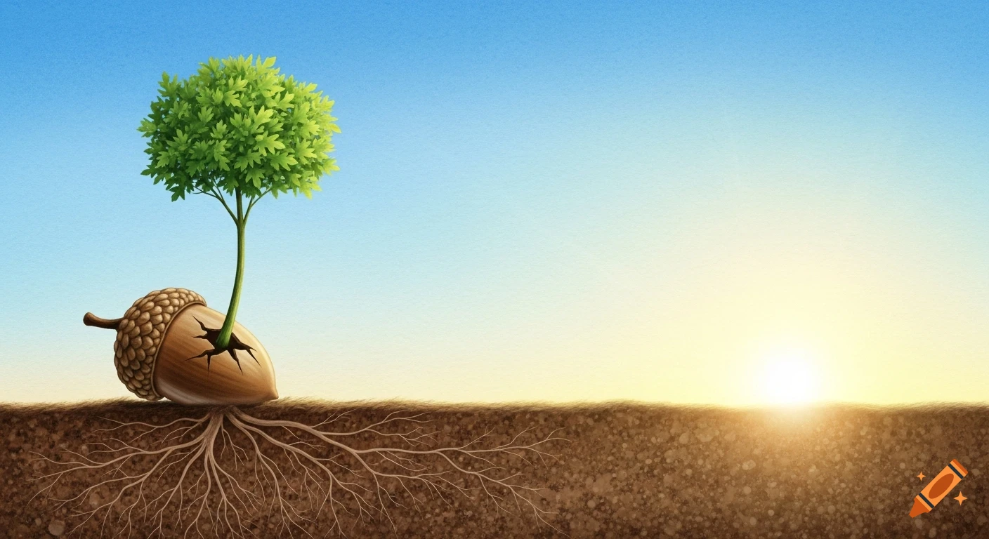 An illustration of a small green tree sprouting from a cracked acorn, with roots spreading in the earth, under a blue and yellow sky with a rising sun.