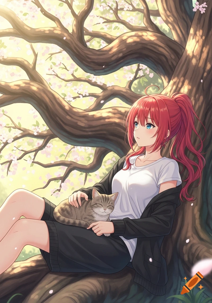 Red-haired anime girl in a white t-shirt and black cardigan, petting a tabby cat on her lap under a blooming cherry blossom tree.