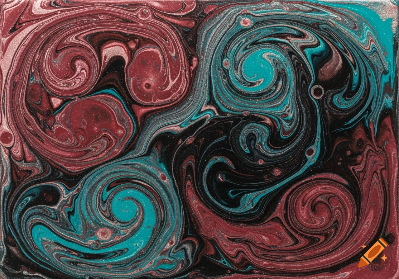 An abstract fluid art canvas with swirling patterns of maroon, teal, black, dark brown, and shimmering silver.
