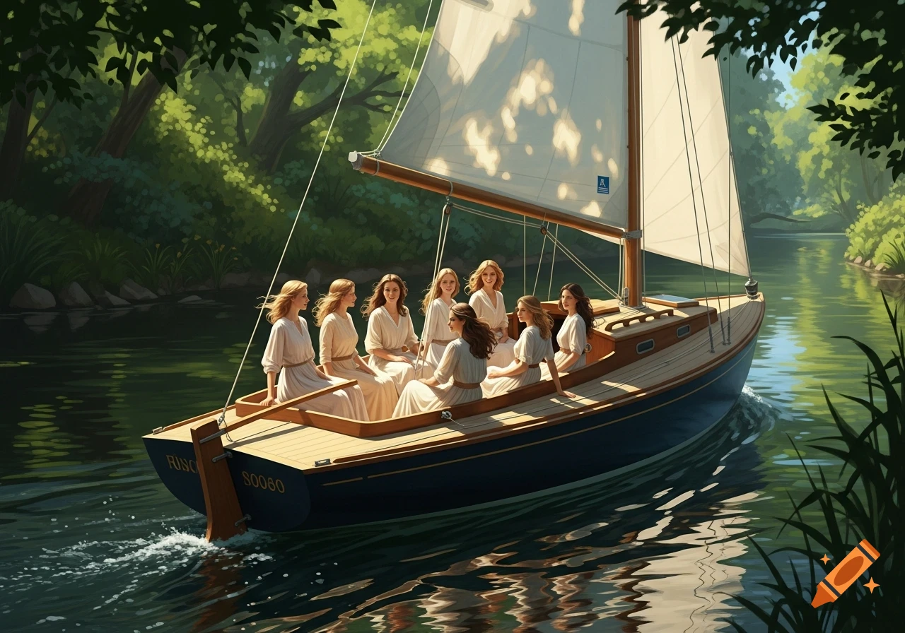 Seven women in white dresses relax on a wooden sailboat moving down a green river surrounded by lush trees.