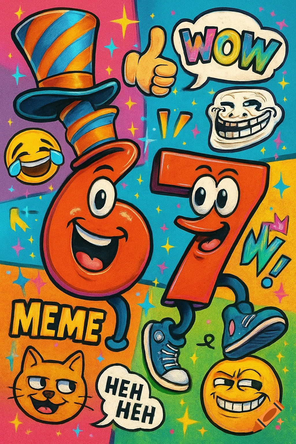 Playful cartoon art of numbers 6 and 7 with faces, surrounded by meme characters, emojis, and text on a colorful background.