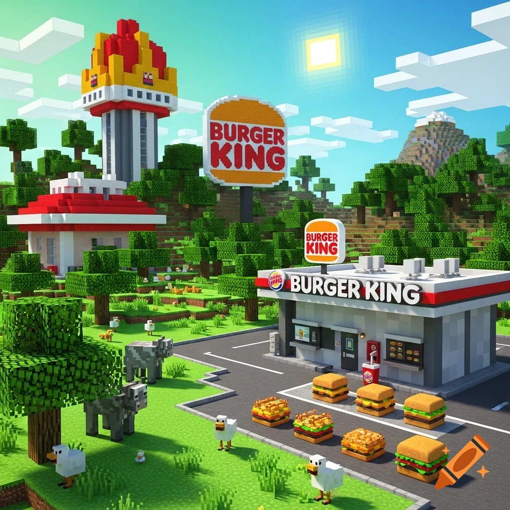 Minecraft-style Burger King restaurant with a crown-shaped tower, large signs, blocky trees, pixelated animals, and oversized burgers.