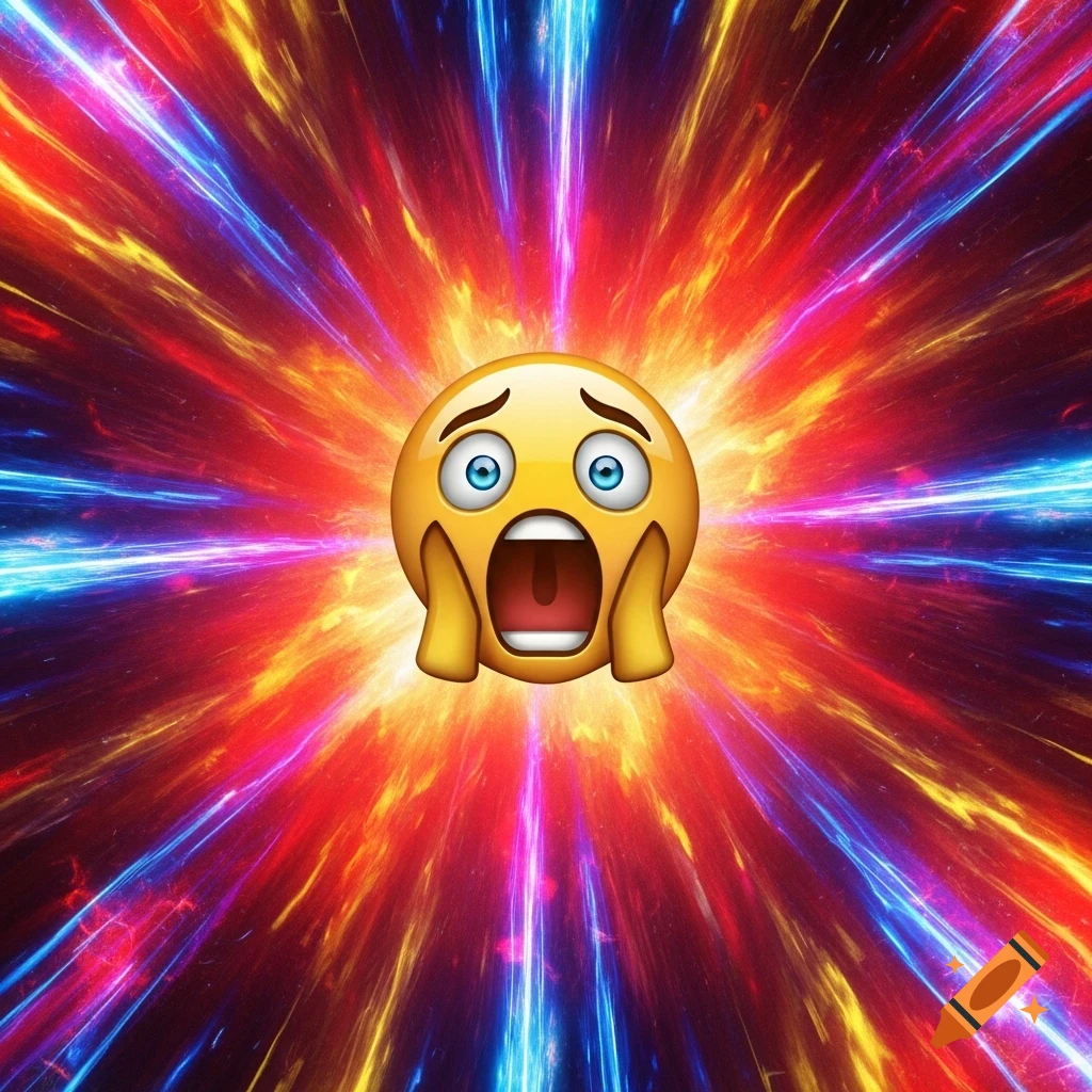A yellow screaming emoji with wide eyes and open mouth, against a vibrant red, blue, and yellow abstract background of radiating light streaks.