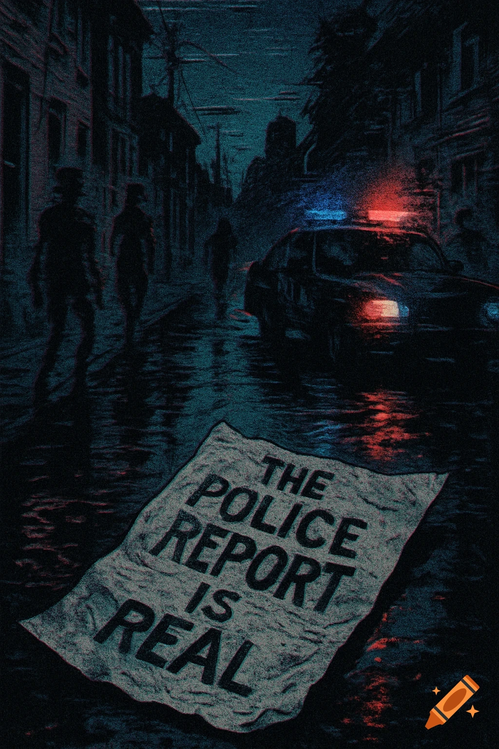 A grainy, dark cartoon-horror scene shows a crumpled police report in a wet street before a police car with flashing lights and shadowy figures.