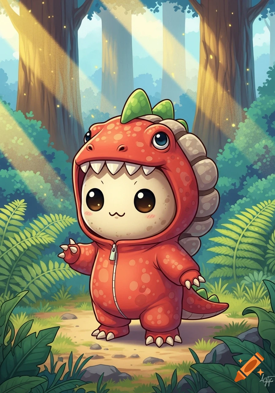 A cute, anthropomorphic character in a red dinosaur onesie stands in a lush, sunny forest with ferns and trees.