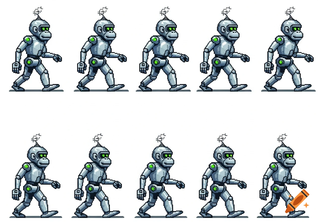 A pixel art sprite sheet of a robotic monkey with green eyes walking on a white background.