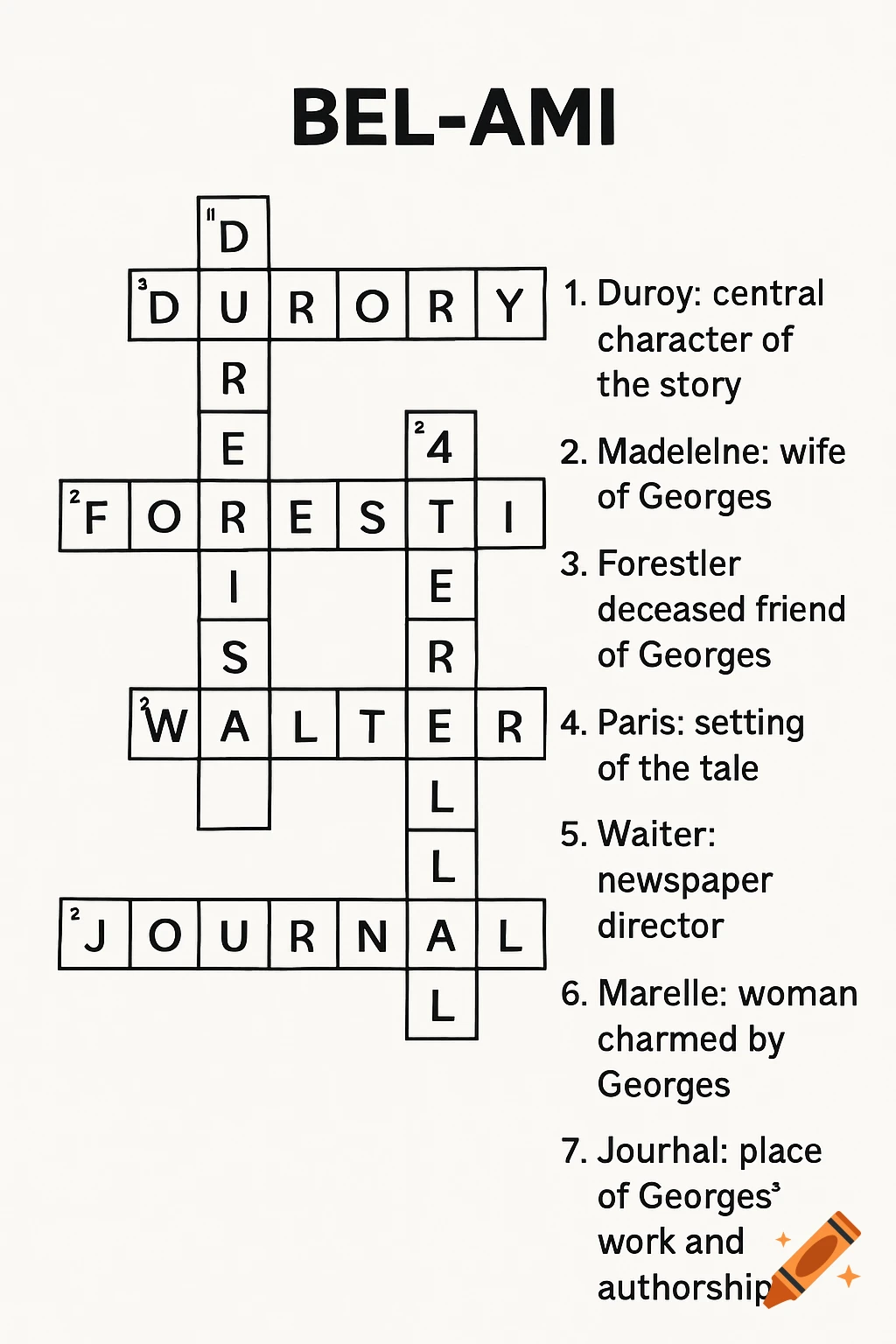 A black and white crossword puzzle titled "BEL-AMI" with several words filled in and numbered clues listing character names and places from the book.