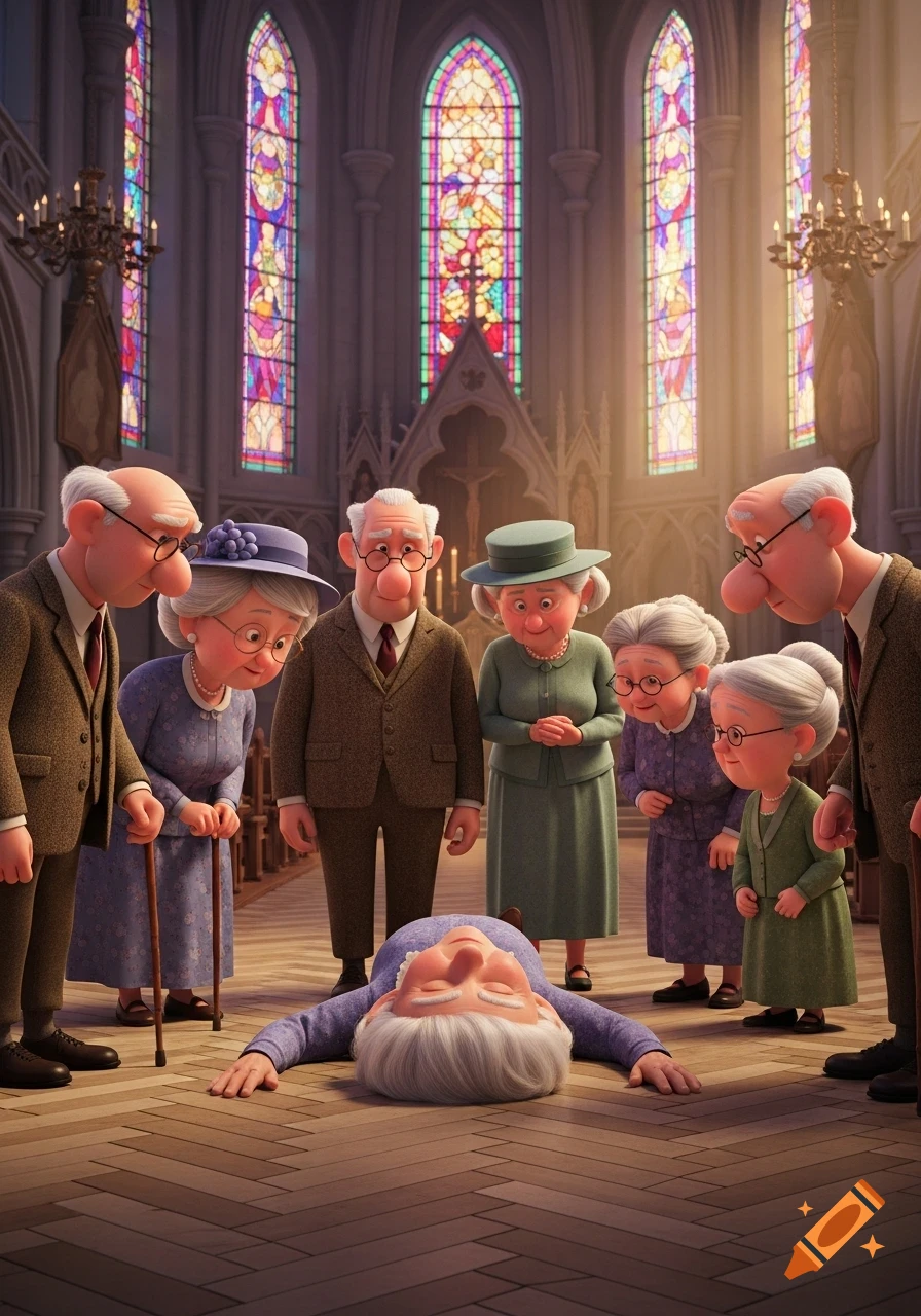 A Pixar 3D cartoon shows an old lady lying on a church floor, surrounded by concerned elderly people looking down at her.