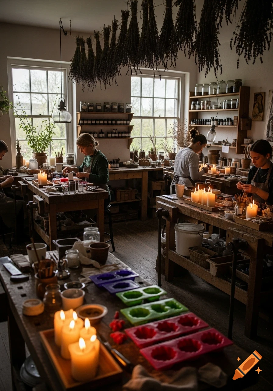 A group of people meticulously working in a rustic candle making workshop, with dried herbs overhead and jars on shelves.