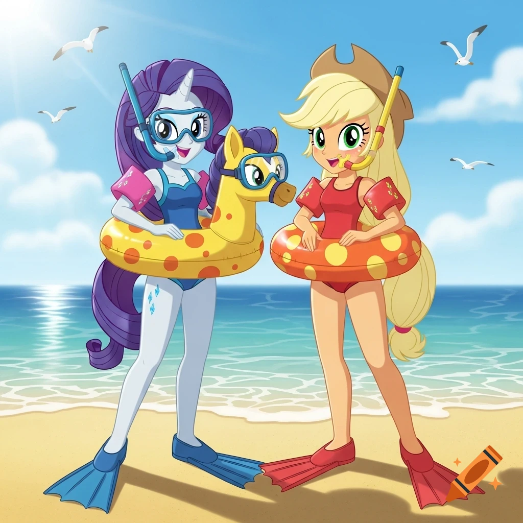 Animated Rarity and Applejack in swimsuits with snorkeling gear and floaties on a sunny beach with seagulls.