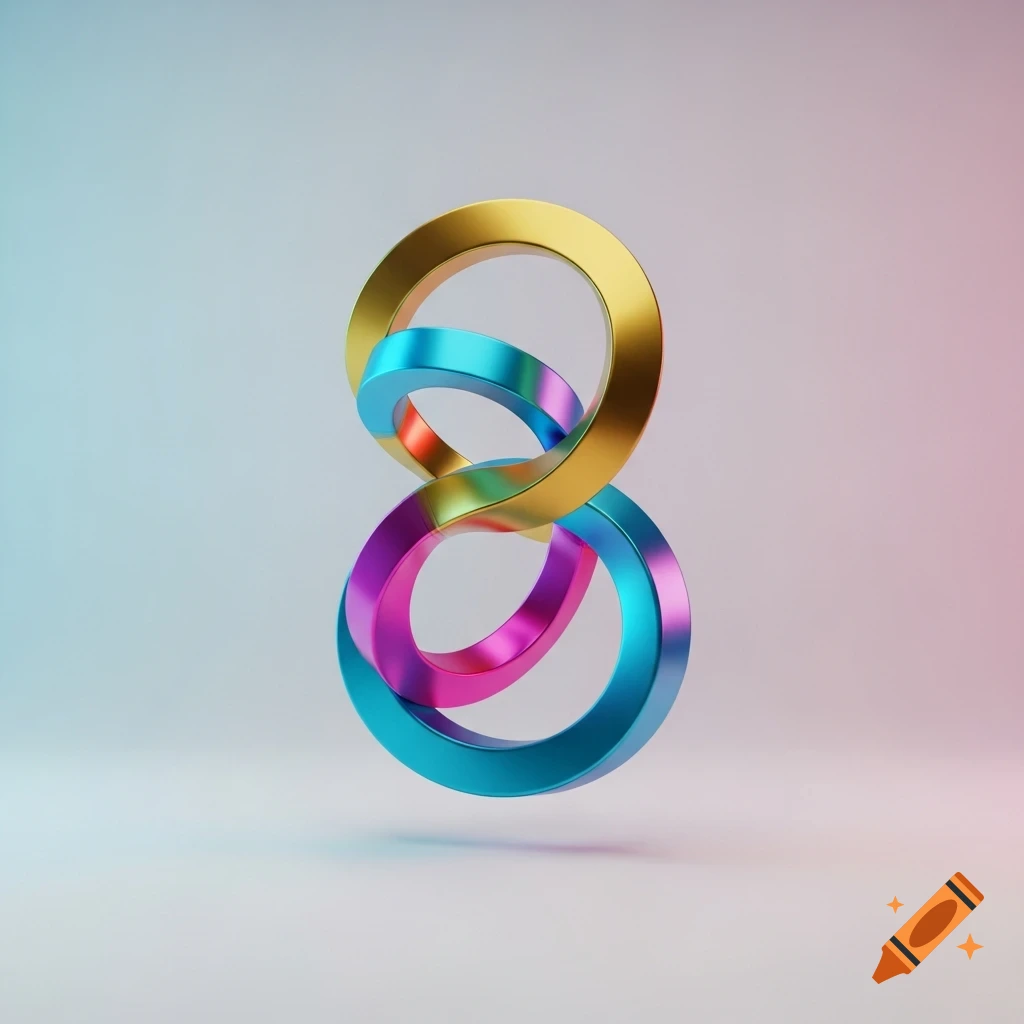 A shiny 3D rendering of intertwined metallic rings in gold, blue, pink, and purple, forming a figure-eight shape on a light gradient background.