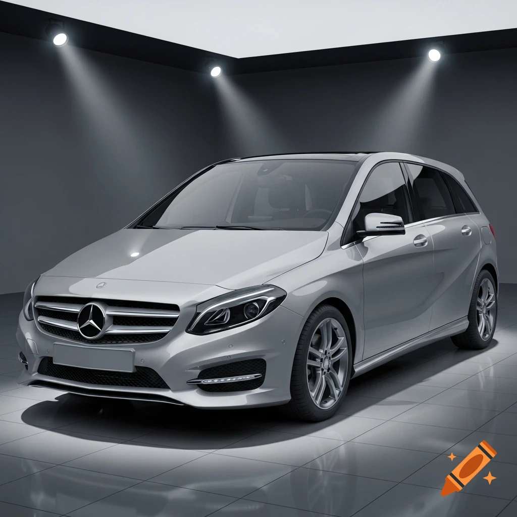 A silver Mercedes B-Class car in a showroom with spotlights.
