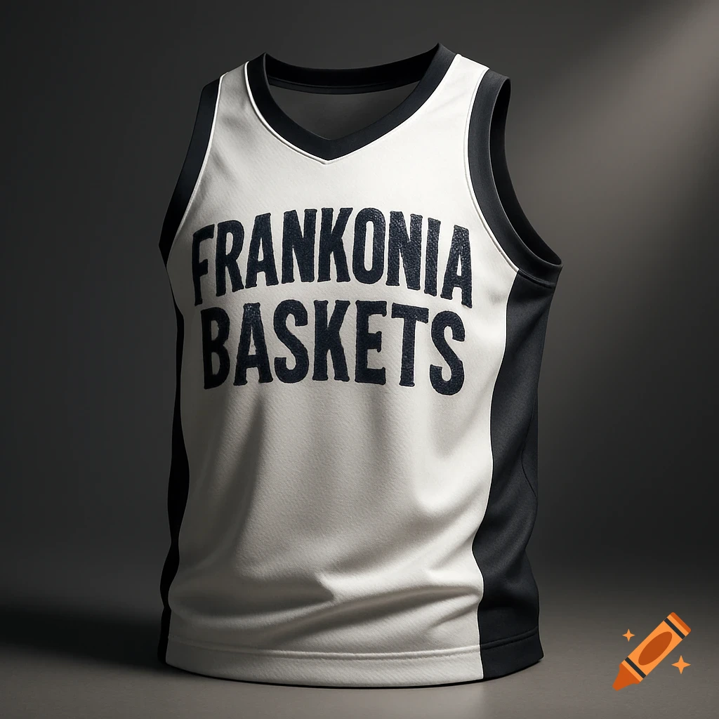 A white and black basketball jersey with 'FRANKONIA BASKETS' printed in distressed dark blue on the front.