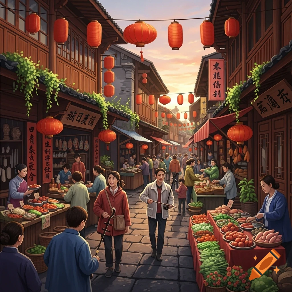 A bustling old street market with many people, red lanterns, and stalls selling fresh produce and goods, set against a sunset sky.