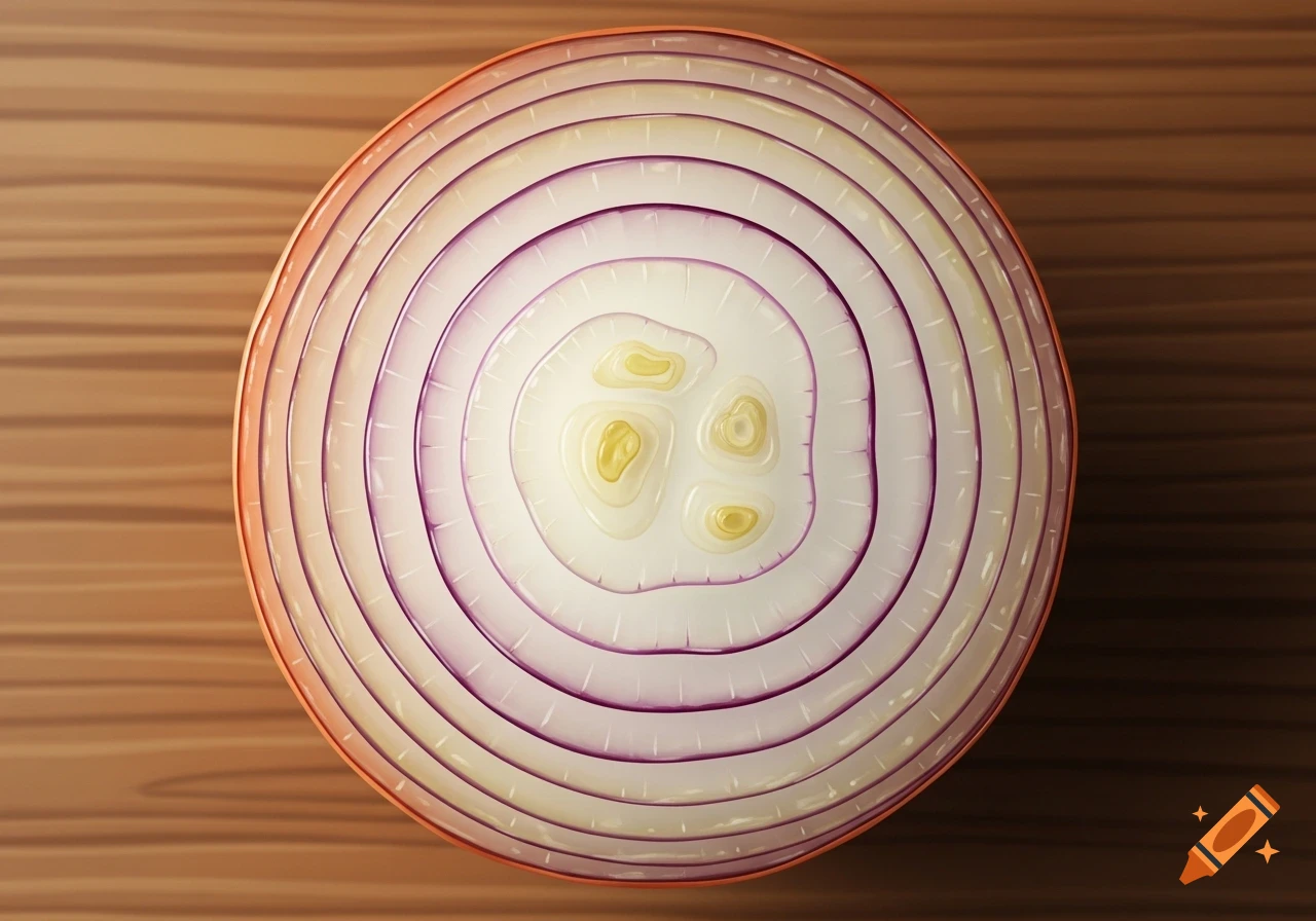Top-down view of a red onion cross-section on a wooden table, showing concentric white and purple layers.