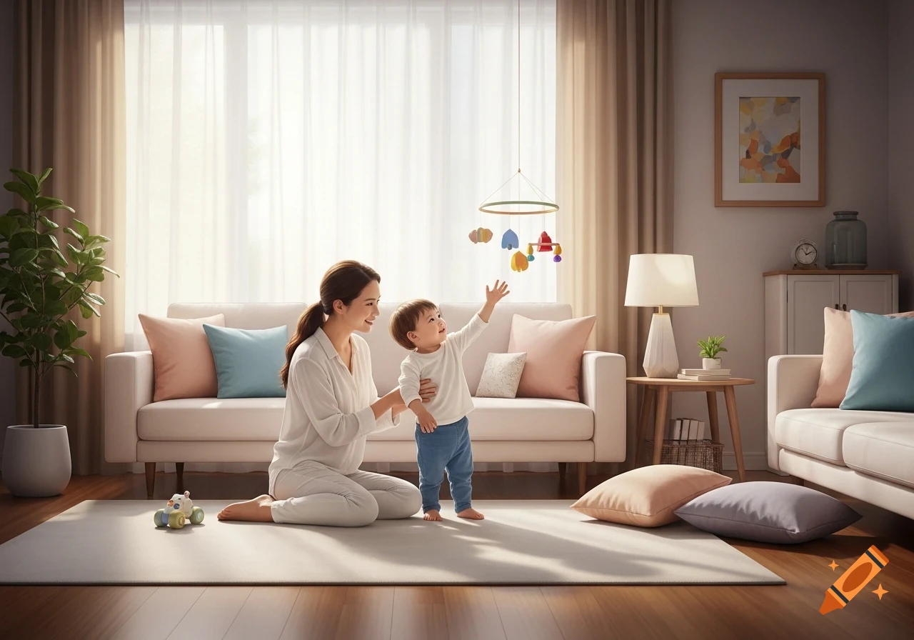 A mother kneels next to her toddler, who reaches for a colorful mobile in a sunlit living room.