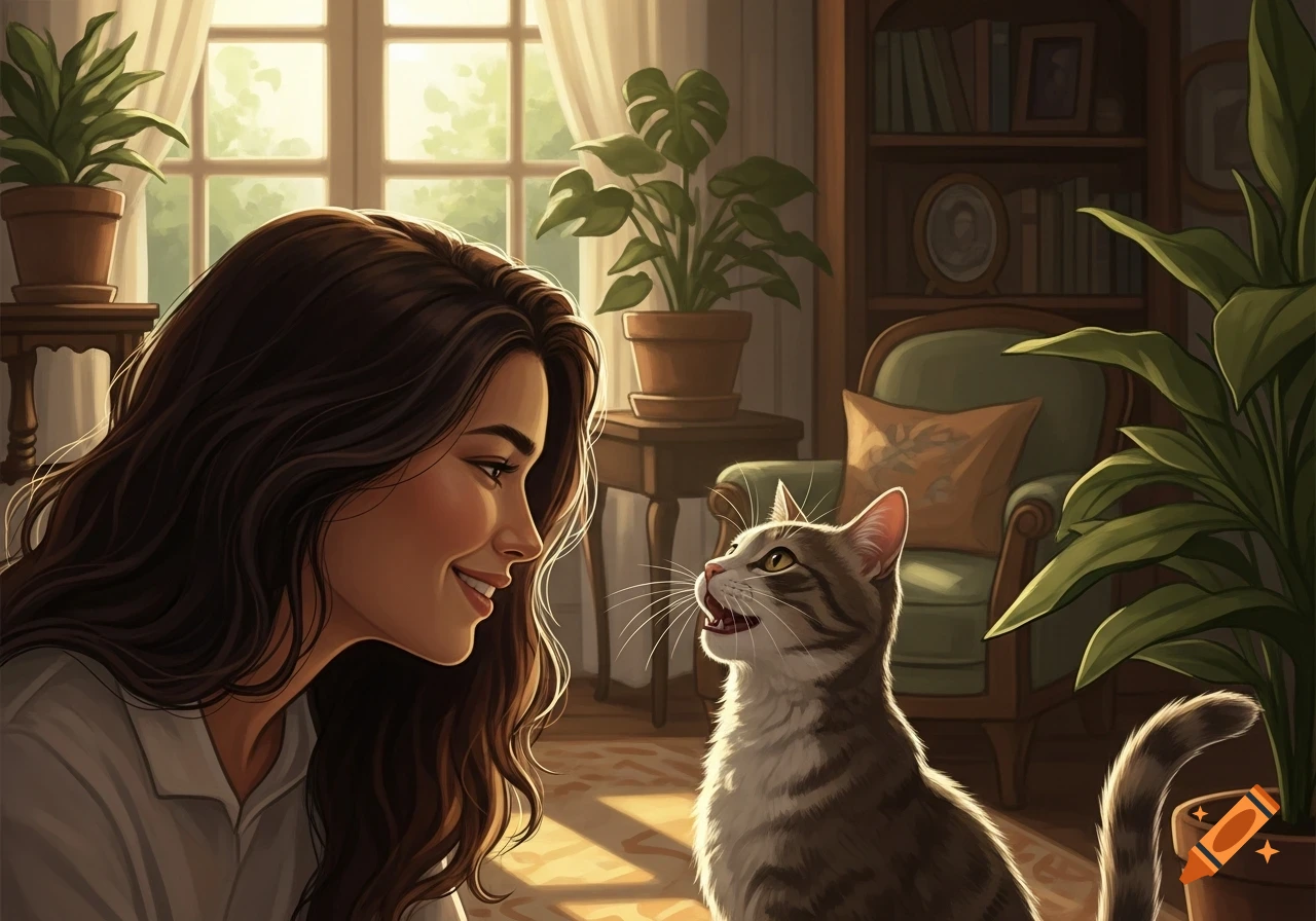 A smiling woman gazes at an open-mouthed tabby cat in a sunlit room with plants and a bookshelf, in an illustrative style.