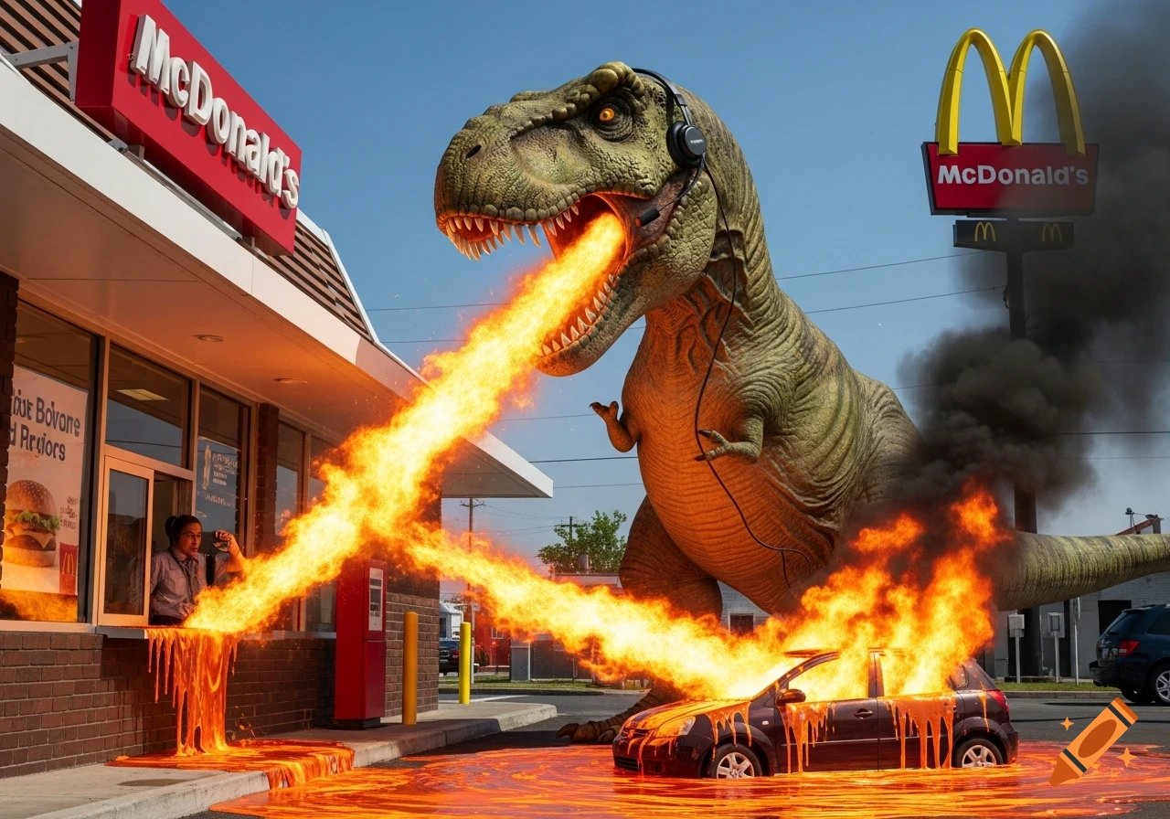 A giant T-Rex dinosaur with a headset breathes fire and lava at a McDonald's drive-through, melting a car and the building.