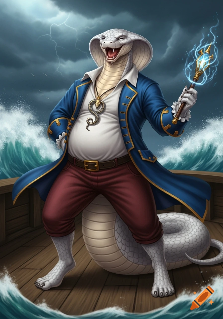 A laughing anthropomorphic white snake pirate man in a blue coat, holding a glowing staff on a ship deck with a stormy sea background.