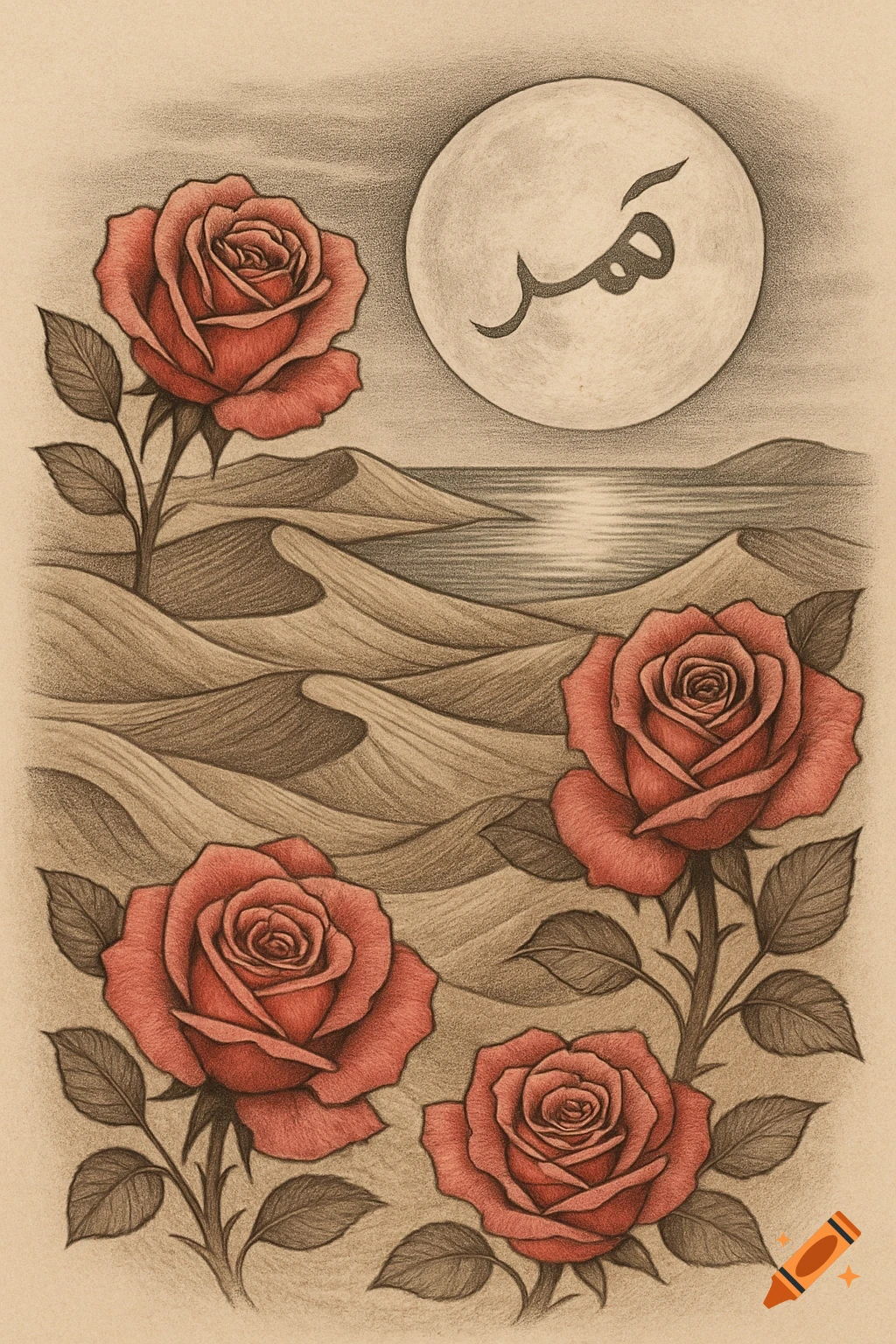 A drawing of red roses blooming among sand dunes with a lake reflecting moonlight, a moon with Arabic text 'Qamar' is in the sky.
