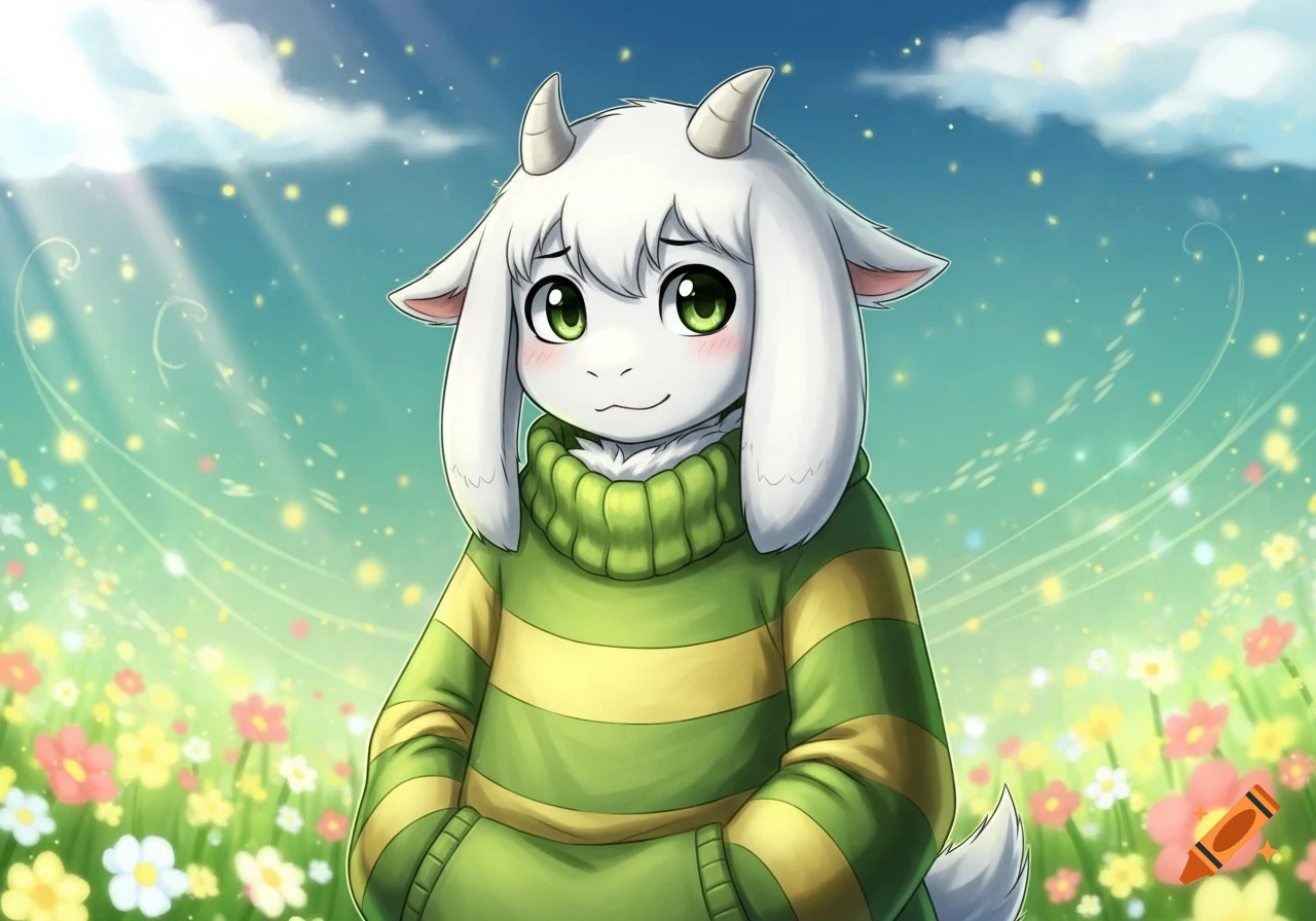 A cute white goat-like character with green eyes in a striped green and yellow sweater, standing in a sunny flower field, anime style.