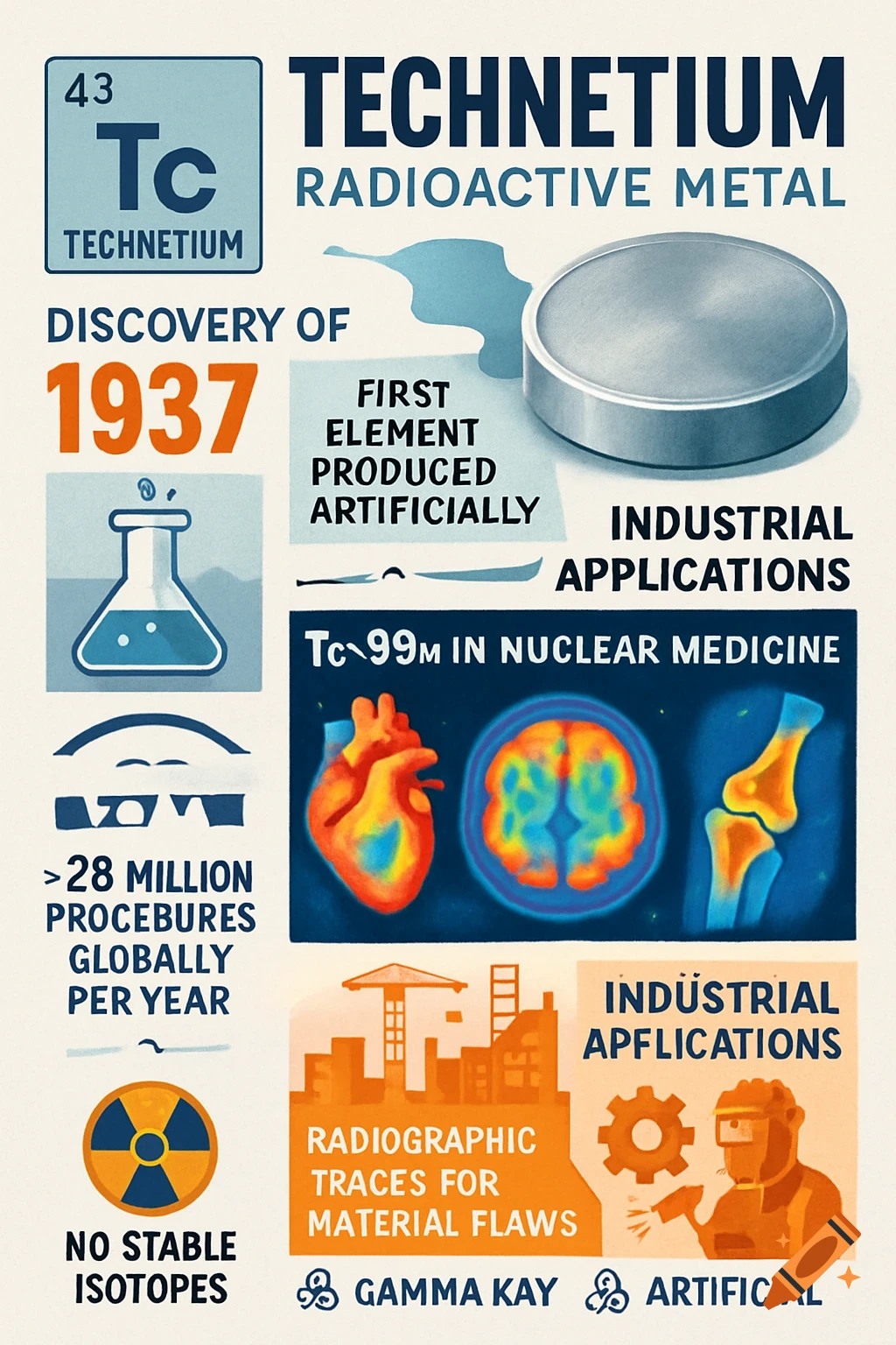 An infographic detailing Technetium, a radioactive metal, showing its atomic number 43, discovery in 1937, medical and industrial applications.