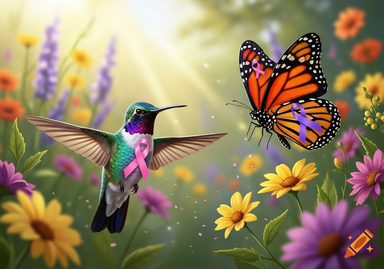 A vibrant hummingbird with a pink ribbon and a monarch butterfly with a purple ribbon fly amidst colorful flowers in bright sunlight.