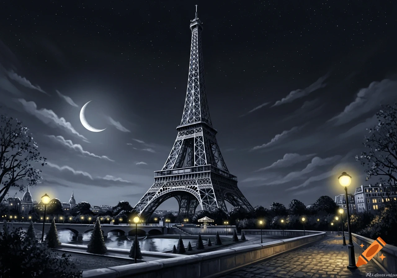 Stylized illustration of the Eiffel Tower in Paris at night under a crescent moon, with glowing streetlights and a river.