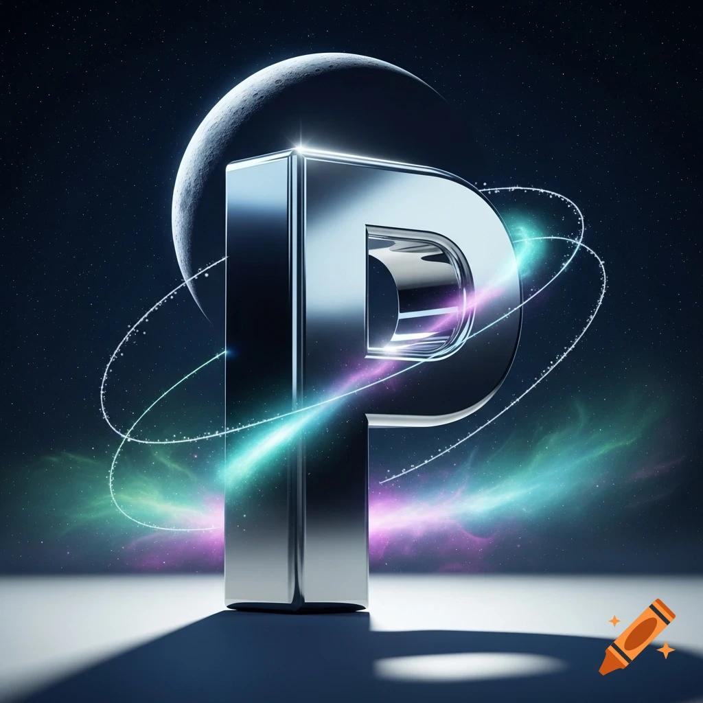 Shiny metallic letter P stands in a cosmic scene with a crescent moon, swirling nebulae, and glowing light trails.