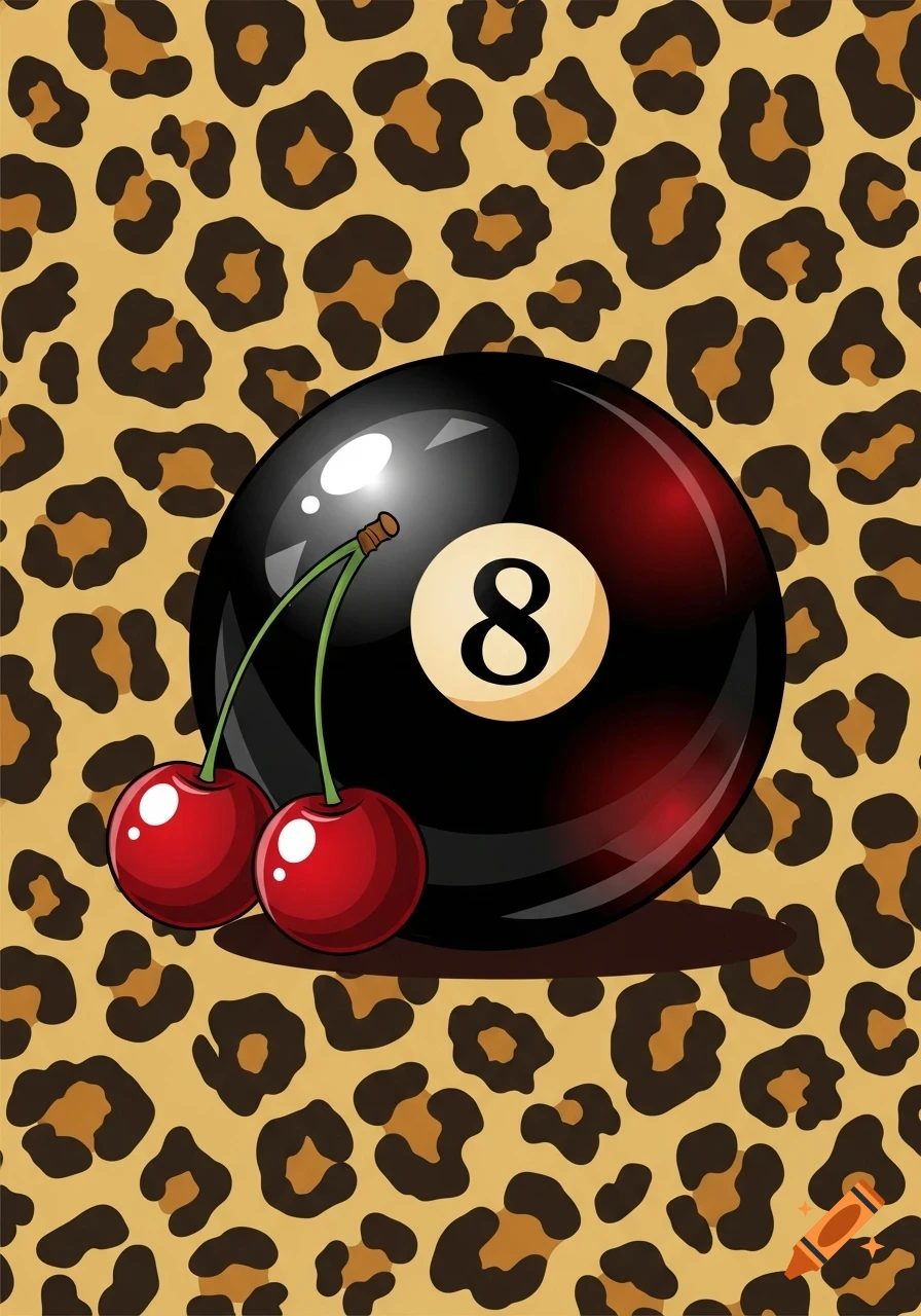 A simple drawing of a black 8-ball with two red cherries on a leopard print background.