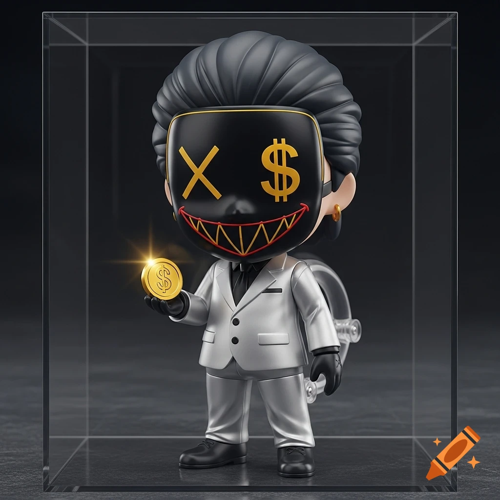 A chibi figurine in a white suit and a black mask with an X and dollar sign for eyes, holding a gold coin in a display box.