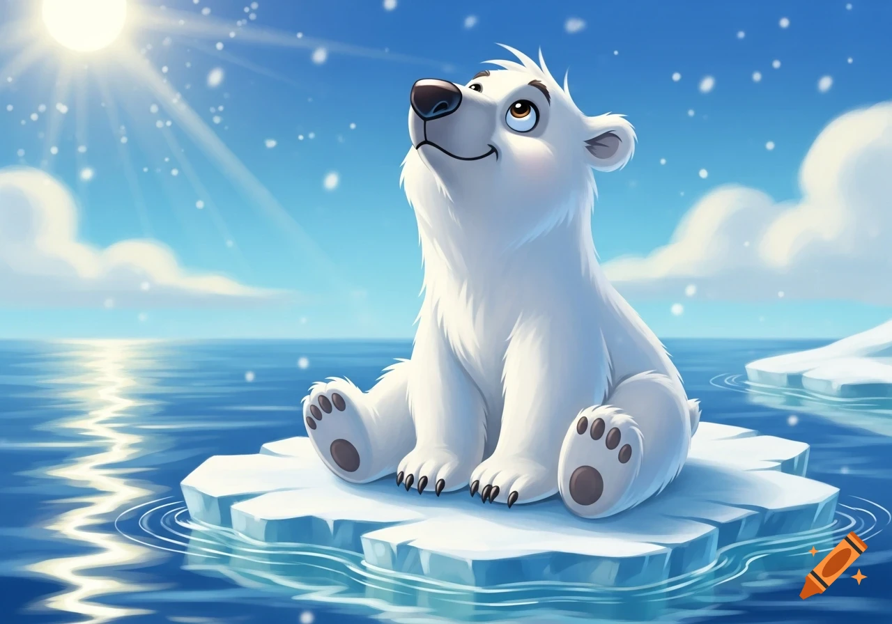 A cute cartoon polar bear cub sits on a melting ice floe in a sunny arctic sea.