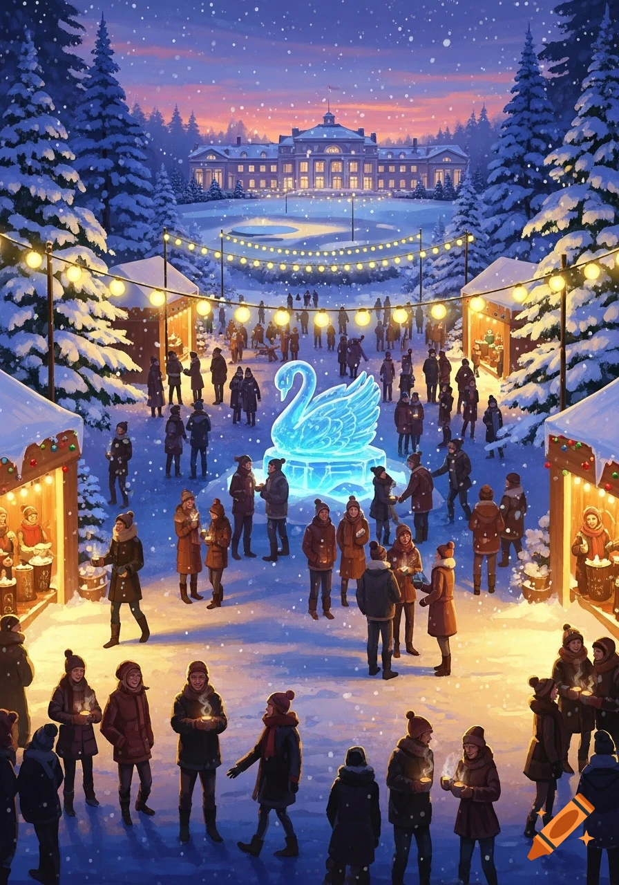 A vibrant winter festival at dusk, with people gathered around an illuminated ice swan sculpture and glowing market stalls in a snowy landscape with a manor house in the background.