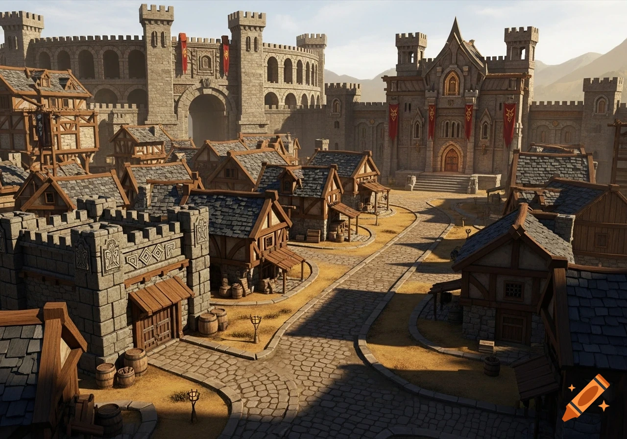 A detailed 3D render of a sunny fantasy dwarven town with a large stone castle, city hall, and many houses lining cobblestone streets.