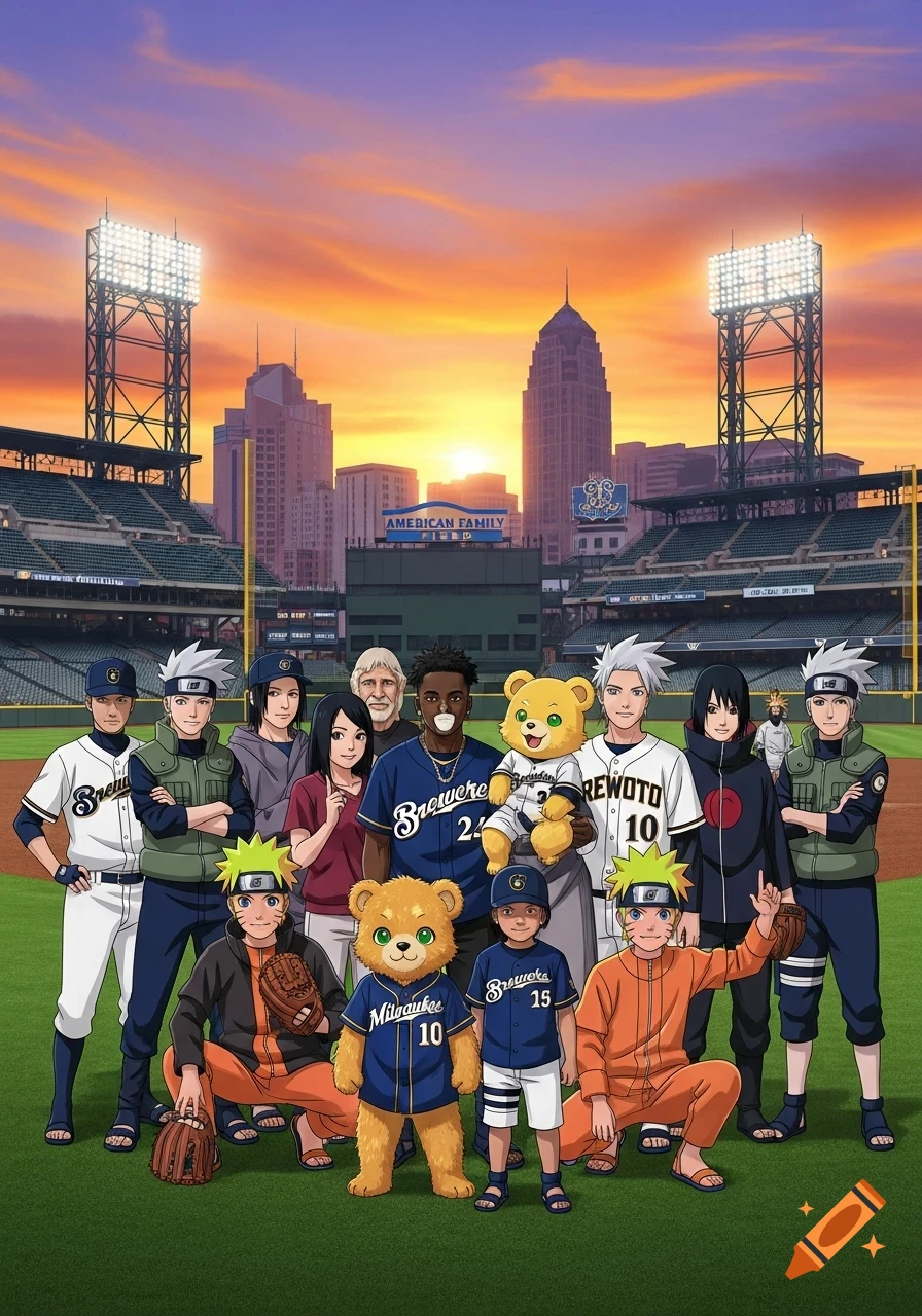 Anime characters from Naruto, including Naruto, Sasuke, and Kakashi, pose with mascots and a diverse group of people in Milwaukee Brewers baseball jerseys on a baseball field at sunset, with a city skyline in the background.