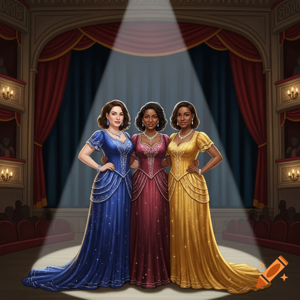 Three women in sparkling blue, red, and gold gowns stand on a theater stage under a spotlight.